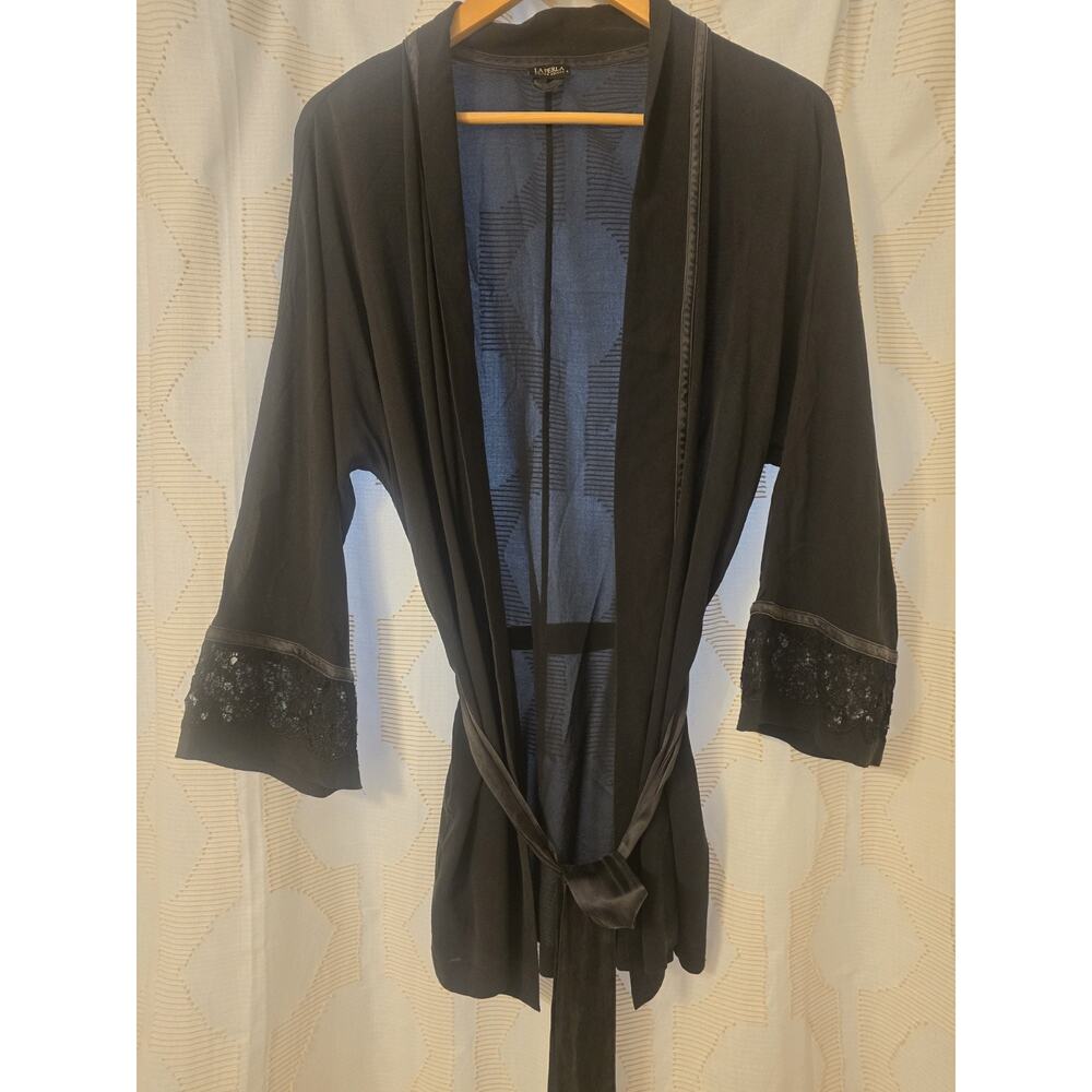 La Perla black velvet trim lace cuff silk boudoir robe nightie peignoir lingerie